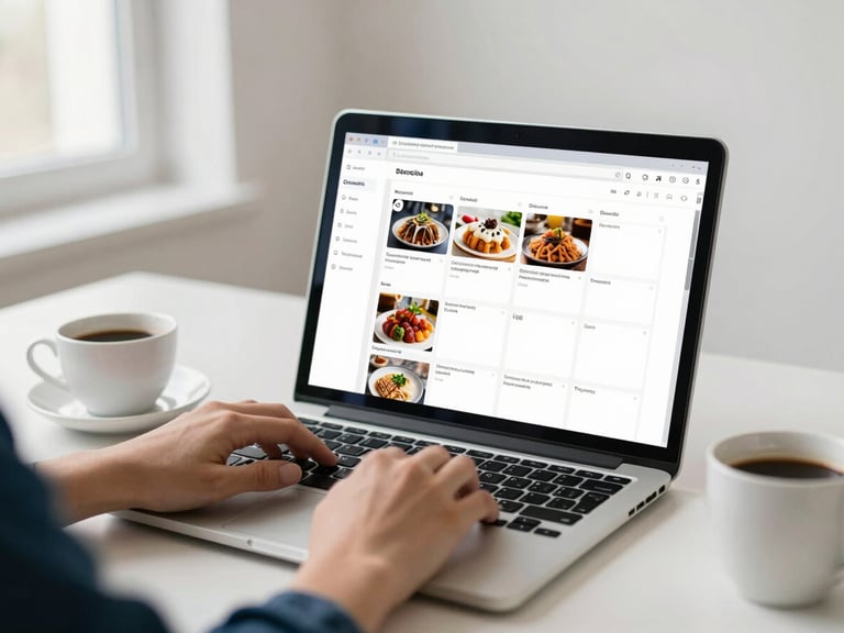 Hands typing on a laptop next to a coffee cup, screen showing a social media content calendar with restaurant posts, in a clean, minimalist agency office with soft daylight.