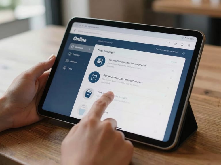 Tablet screen displaying an intuitive online reservation system interface, with hands gently tapping on the screen, in a cozy restaurant setting with natural light.