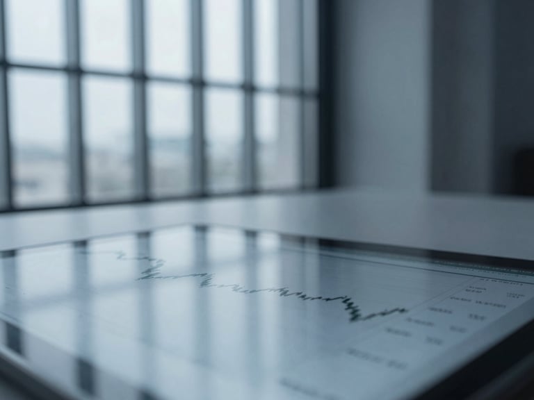 Close-up of a financial chart on a tablet, reflecting cool architectural lines from a window, desaturated blue and slate tones, sharp focus.
