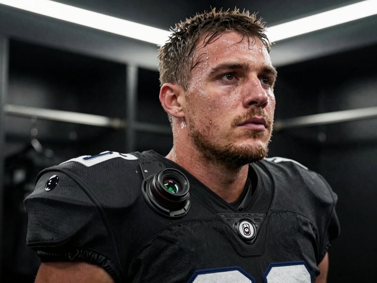 Close-up of a football player in a dark locker room, sweat glistening on his face under harsh neon lights, wearing the integrated camera shoulder pads, lens visible on the shoulder arch.