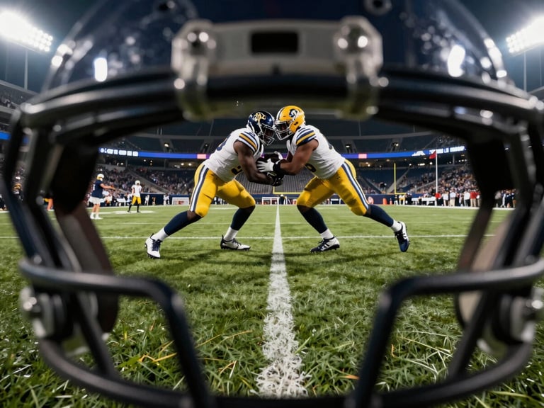 Wide-angle first-person POV shot from turf level, looking through the helmet grill at an oncoming defensive lineman shedding a block, harsh stadium floodlights casting long shadows.