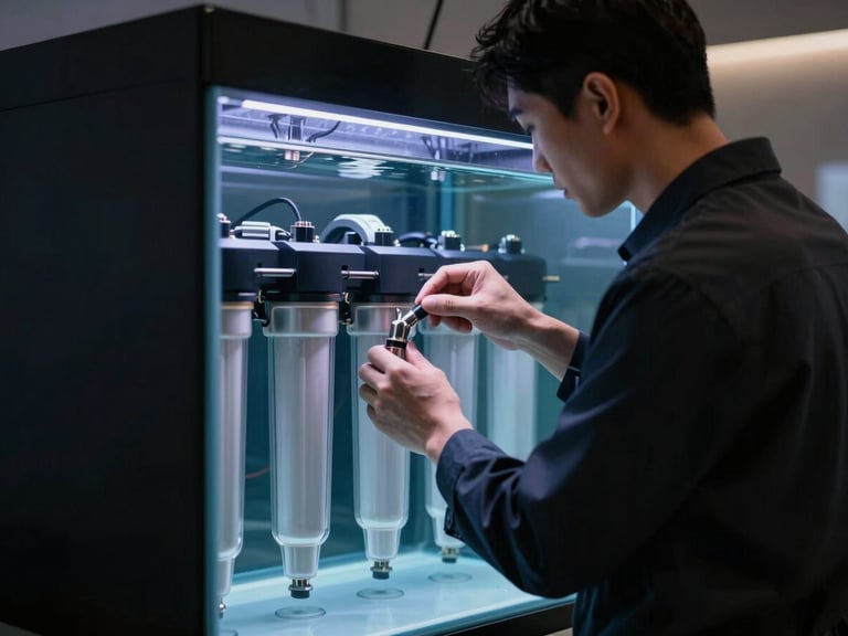 Close-up of a professional technician in a minimalist dark uniform calibrating a high-tech filtration system behind a luxury aquarium, sharp architectural framing, dramatic lighting.