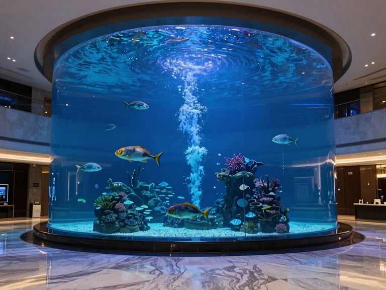 A double-height corporate lobby in DIFC Dubai, featuring a massive vertical cylindrical aquarium with vibrant marine life, polished marble floors reflecting soft blue light, 35mm