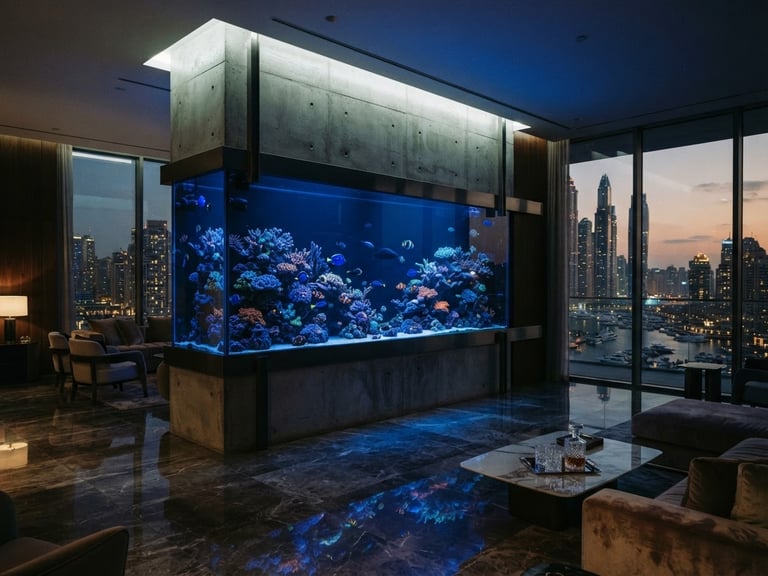 Luxury penthouse interior in Dubai Marina at dusk, a massive custom-built structural aquarium integrated into a polished concrete wall, dramatic blue lighting casting reflections on marble floors, 35mm photography