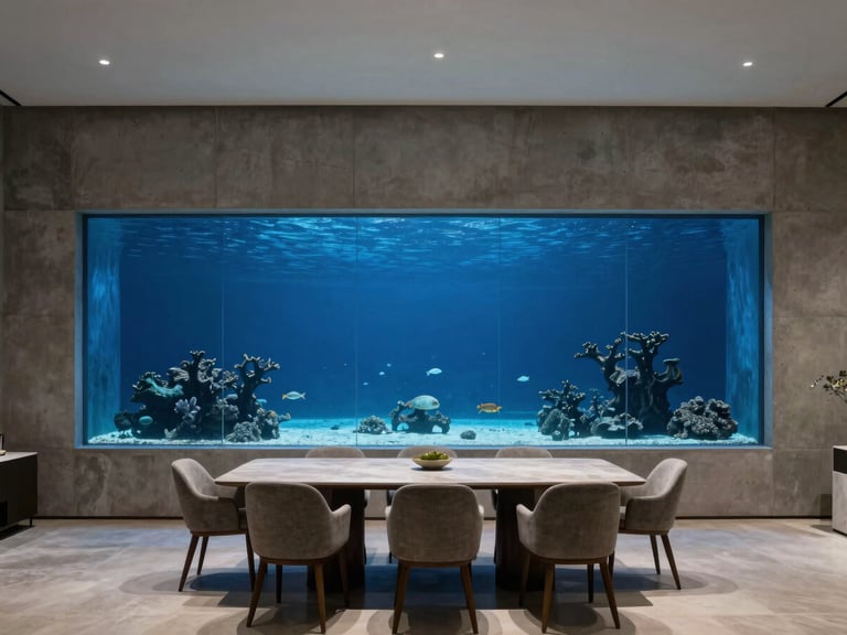 A wide environmental shot of a minimalist luxury villa dining room in Palm Jumeirah, featuring a massive six-meter marine aquarium integrated into a concrete wall, luxury interior photography, 35mm