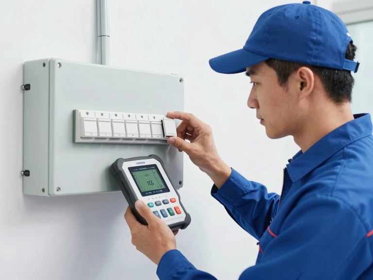 Crisp commercial photography of a licensed electrician in a neat uniform testing a modern switchboard with digital diagnostic tools, bright daylight.