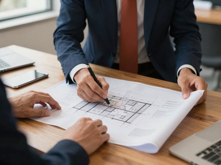 Warm corporate editorial photography of hands reviewing architectural blueprints on a wooden table in a San Isidro office, soft natural daylight, deep navy and terracotta accents, professional 35mm, sharp focus