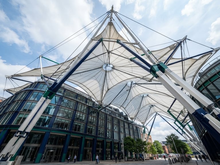 Wide architectural shot of a modern tensile membrane roof over a commercial building, bright natural daylight, crisp structural details, deep navy and emerald accents. Low angle, looking up at the structure.