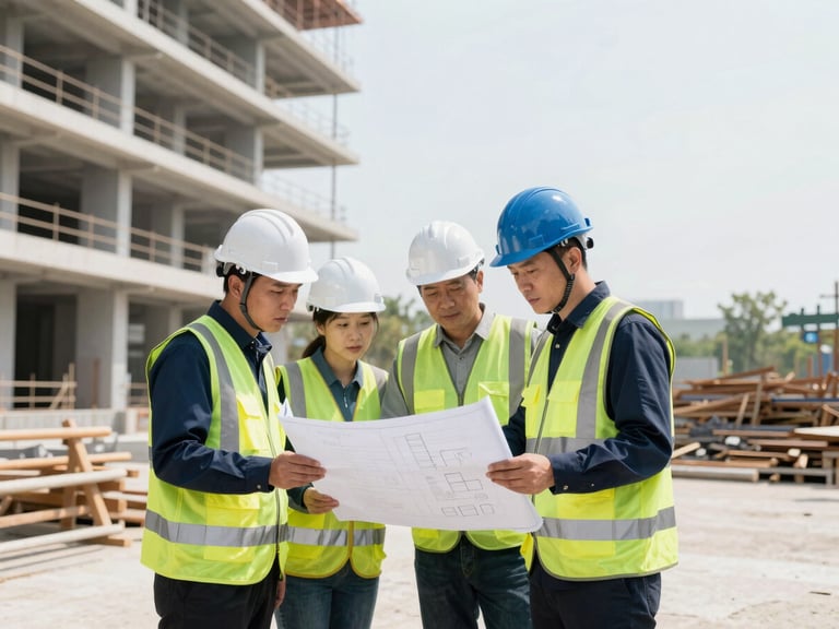 Engineers in safety helmets and vests reviewing blueprints on a construction site, focus on their discussion and the safety gear, bright natural daylight, architectural photography.