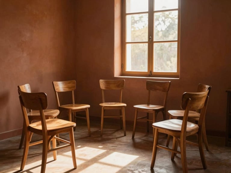 An empty circle of warm wooden chairs arranged in a cozy room, soft golden-hour light streaming through a large window casting long shadows, terracotta walls, peaceful and safe atmosphere
