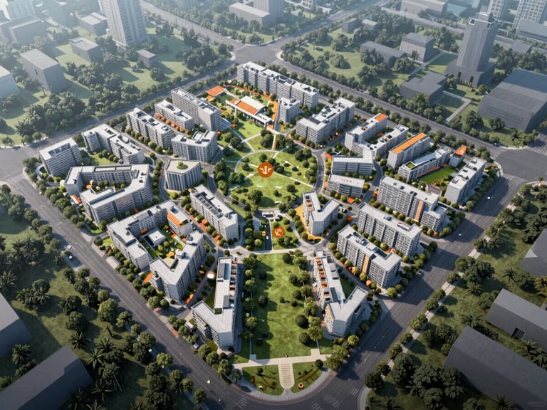 Crisp midday architectural layout of a 12-acre master plan, clearly marked plots, wide internal roads, and central green parks