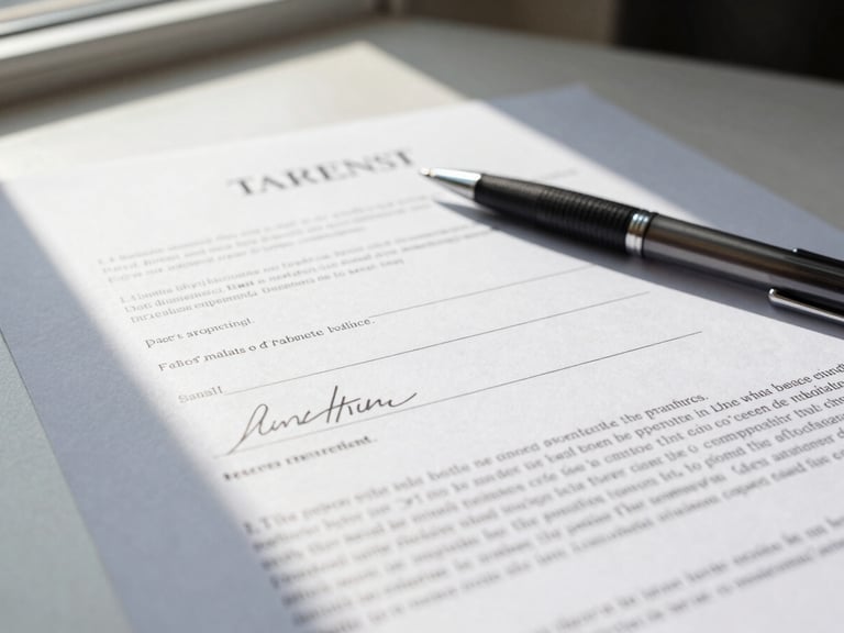Close-up detail of a printed term sheet on a white desk, a pen resting diagonally across the document, natural window light from the upper left casting a soft shadow, focus on the signature line and financial terms, no faces visible