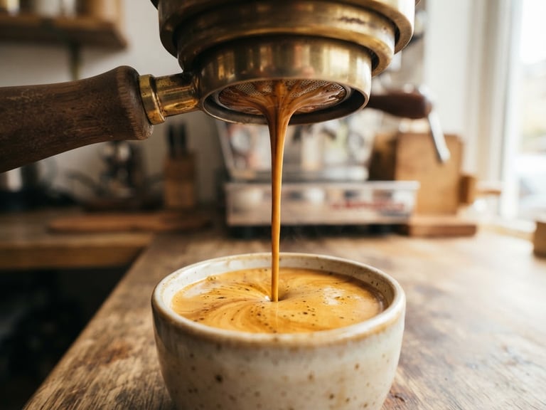 Close-up macro shot of espresso flowing from a bottomless portafilter, rich golden crema, soft morning window light, warm editorial photography.