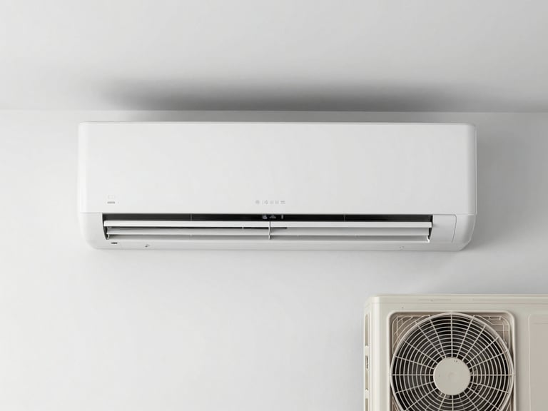 A straight-on medium shot of a clean, modern indoor wall air-conditioning unit mounted on a white wall, paired with its outdoor compressor, bright utility lighting, no people.