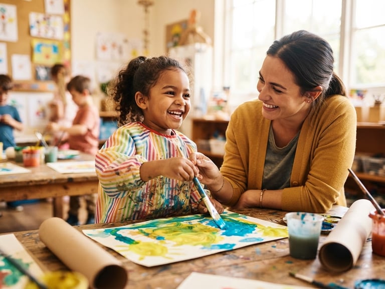 Warm editorial photography of a child smiling while painting with a supportive educator, bright natural daylight, vibrant high-contrast tones, authentic human connection, 35mm lens.