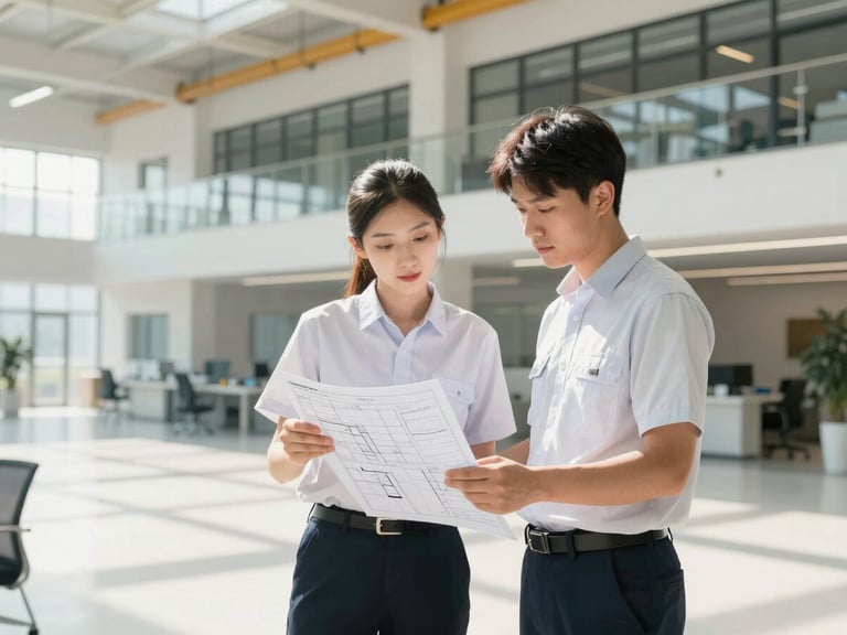 Bright daylight photo of two engineers in clean apparel reviewing blue schematics inside a modern, spacious commercial facility, sharp focus, 35mm.