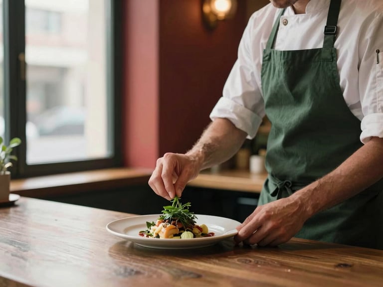 A cozy modern bistro interior, a chef in a clean apron placing a final herb on a plate at the pass, soft morning light