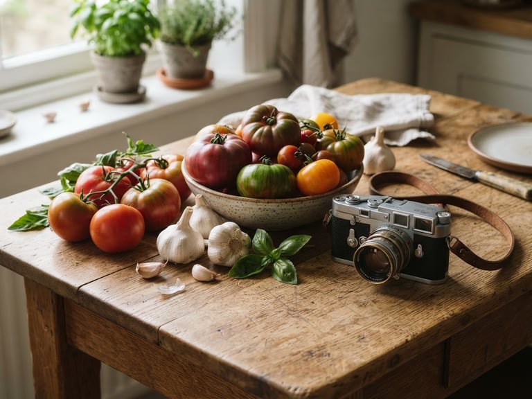 A rustic wooden kitchen table with fresh heirloom tomatoes, garlic, and a vintage camera, soft morning window light, warm editorial food photography style