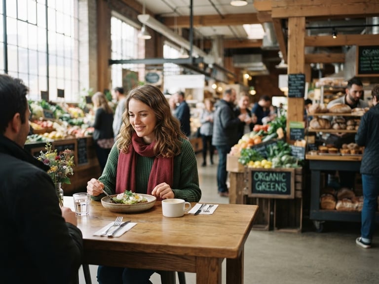 A vibrant modern food market hall, soft morning window light illuminating wooden tables, fresh produce stalls in the background, warm editorial style, 35mm lens