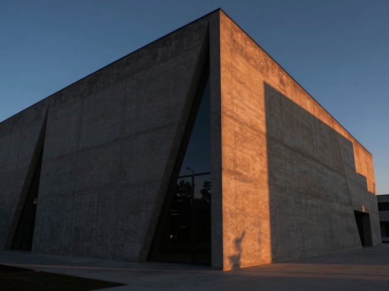 Wide-angle architectural shot of a modern concrete building with sharp diagonal lines, dramatic high-contrast shadows under cool evening light, subtle orange light leak on the corner, 35mm lens.