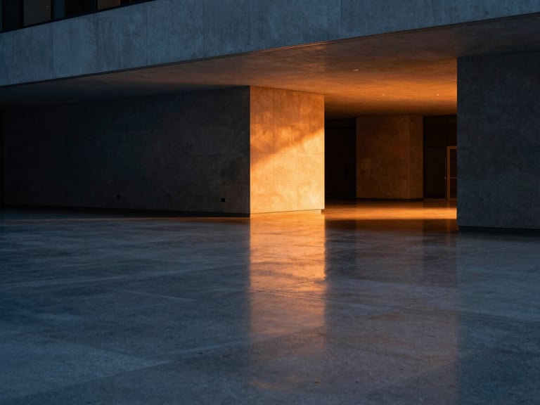 Abstract light patterns reflecting off a polished concrete floor in a modern corporate lobby, sharp architectural lines, cool tones with a warm orange light leak, 35mm lens.