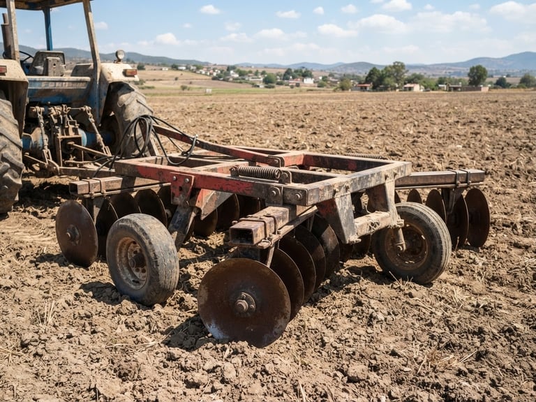 Real, unedited used agricultural disc harrow in an open Mexican field under bright daylight, eye-level three-quarter view, sharp focus, crisp outdoor vehicle photography, realistic colors.
