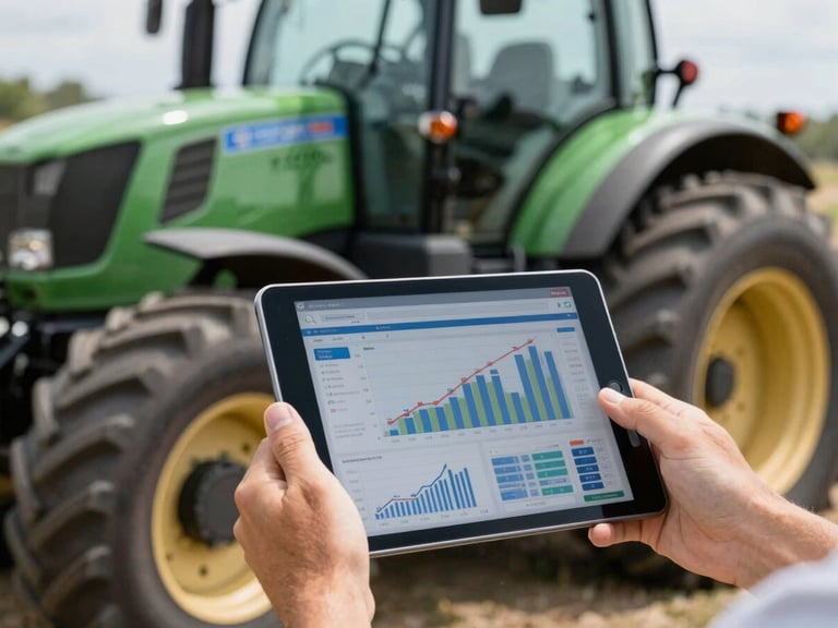 Manos sobre una tableta mostrando gráficos financieros, con un tractor en segundo plano, luz natural brillante, enfoque nítido en la tableta.