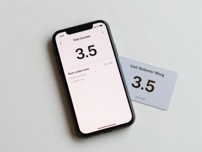 Overhead flat-lay of a smartphone screen displaying a clean balance dashboard — visit counter showing 3 of 5, remaining credit amount in bold numerals, coffee loyalty card beside the phone on an off-white surface, bright neutral daylight, no hands