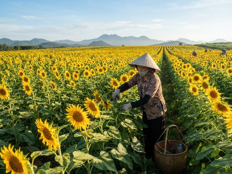 Nông dân VIETTANI đang chăm sóc những luống hướng dương thẳng tắp dưới nắng sớm Tây Ninh, khung cảnh rộng lớn, chân thực, ánh sáng tự nhiên.