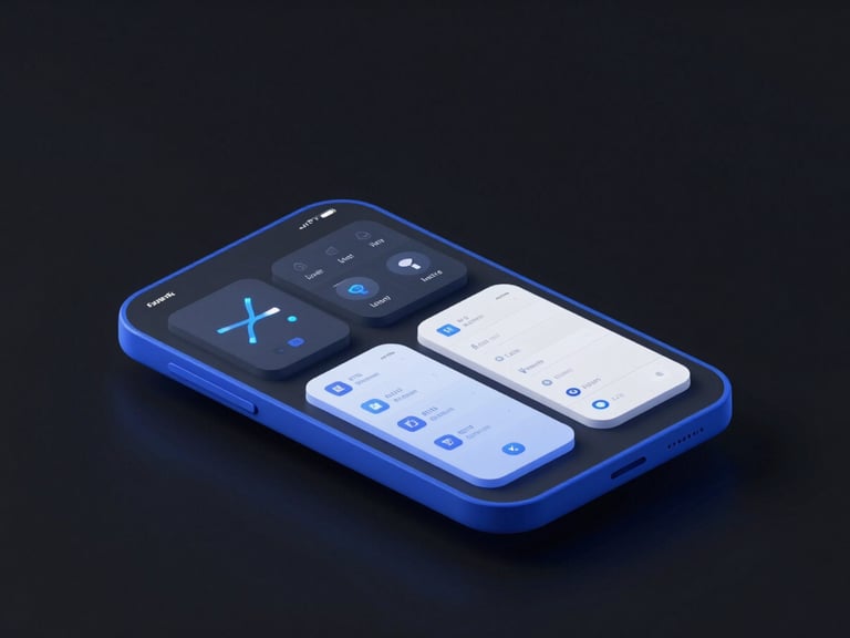 Sleek 3D render of a minimalist system utility dashboard on a dark background, glowing electric blue accents, isometric mobile interface mockup, clean geometric shapes
