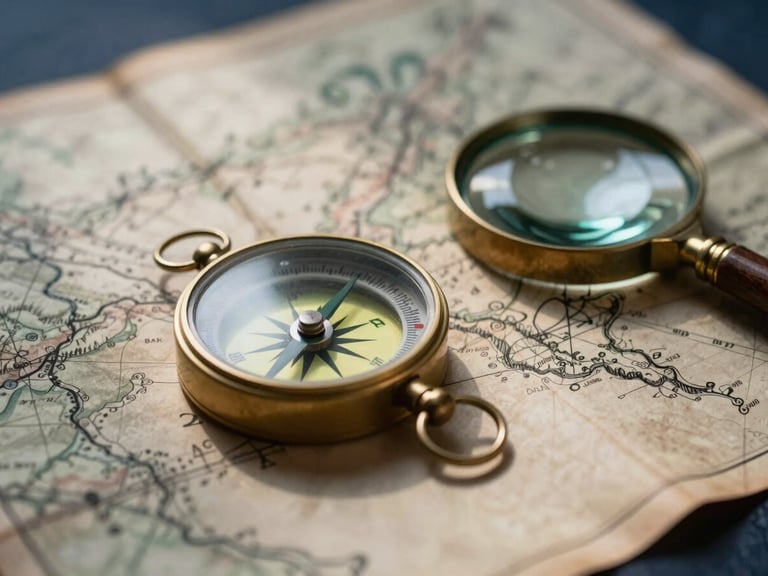 Close-up of a compass on an old map, with a magnifying glass nearby, soft directional light, deep navy and warm brass tones.