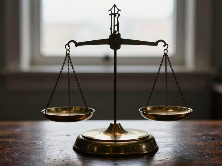 Close-up of a vintage brass balance scale on a dark wooden desk, soft window light, shallow depth of field, deep navy and warm brass tones.