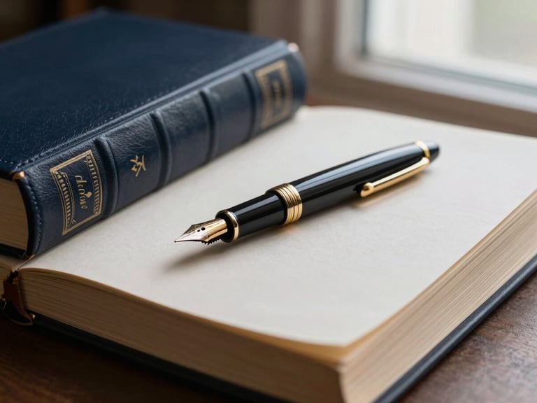 Elegant fountain pen resting on a stack of leather-bound legal books, soft directional light, textured paper, deep navy and warm brass tones.