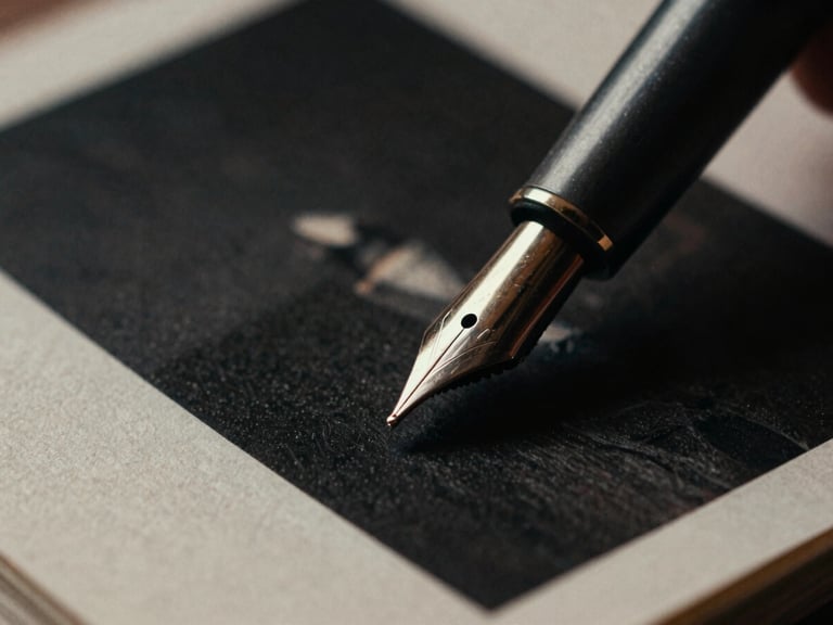 Macro shot of a fountain pen nib gliding over a dark, textured photographic page, low-key dramatic side-lighting, 35mm film grain