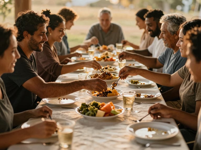 Candid shot of diverse community members sharing a meal at a long table, warm golden-hour light, hands reaching for food, genuine smiles