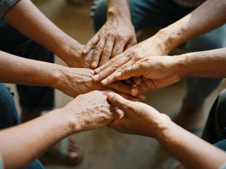 Close-up of hands gently touching, symbolizing connection, in a softly lit community workshop setting, focus on human interaction
