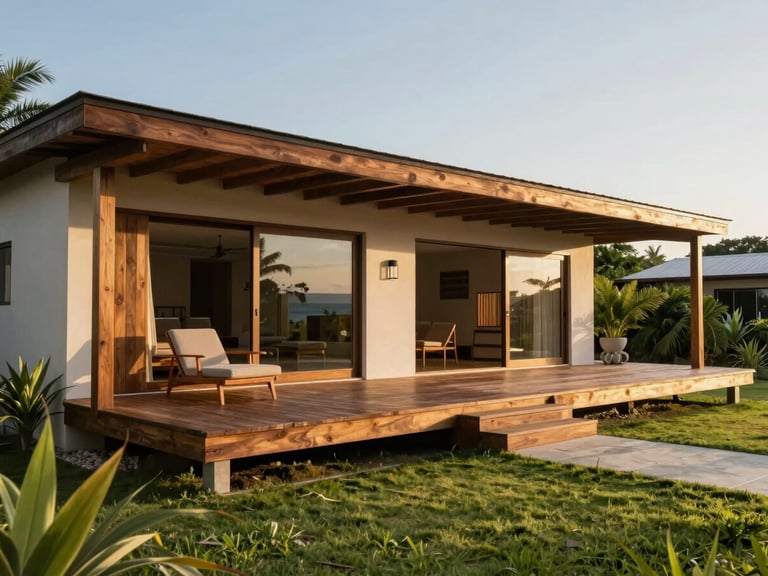 Vista lateral de uma casa de praia moderna em Garopaba, com deck de madeira limpo e jardim gramado impecável sob luz solar suave