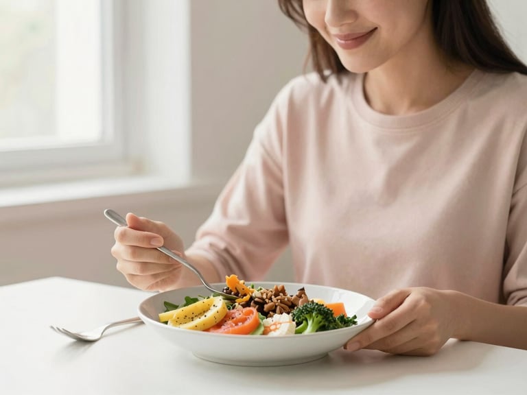 Woman enjoying a healthy, colorful meal at a bright table, soft smile.