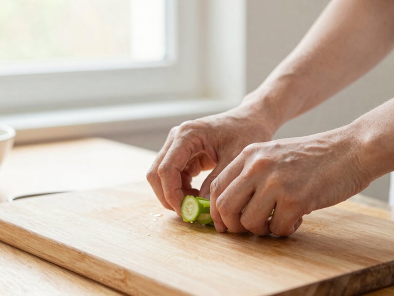 Close-up of hands preparing fresh vegetables on a wooden cutting board, natural light.