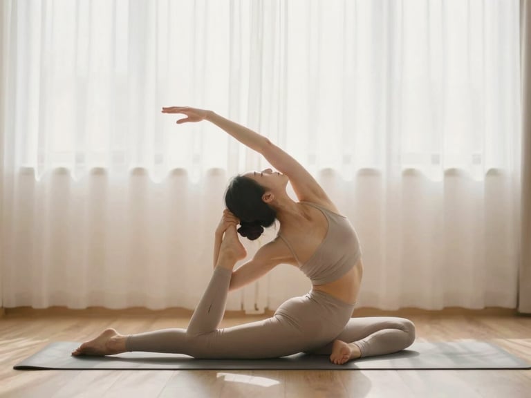 Person doing light stretching or yoga in a calm, minimalist room, soft morning light.