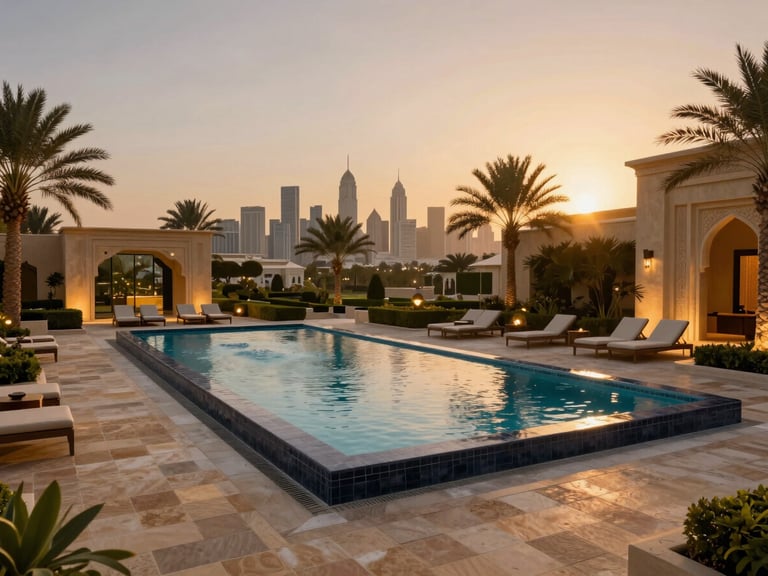 Wide-angle view of a palatial garden suite private plunge pool overlooking the Sheikh Zayed skyline at sunset, warm ambient lighting.