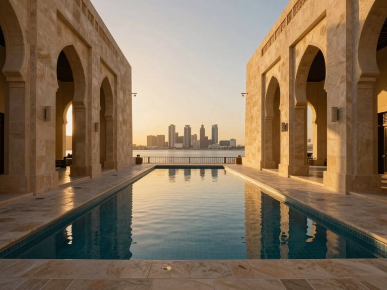 Wide-angle architectural shot of a long, narrow private plunge pool reflecting the golden hour skyline of Sheikh Zayed, soaring travertine colonnades casting dramatic shadows