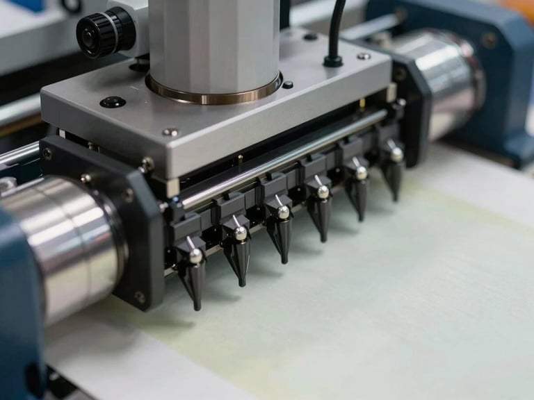 Close-up of a wide-format inkjet print head in motion over a substrate, ink droplets precise, machine components sharp and clean, cool studio daylight, tight technical framing showing nozzle detail