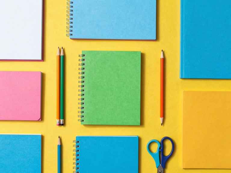 Overhead flat-lay of colorful school supplies, notebooks, pencils, and scissors neatly arranged on a bright yellow surface, high-key natural daylight