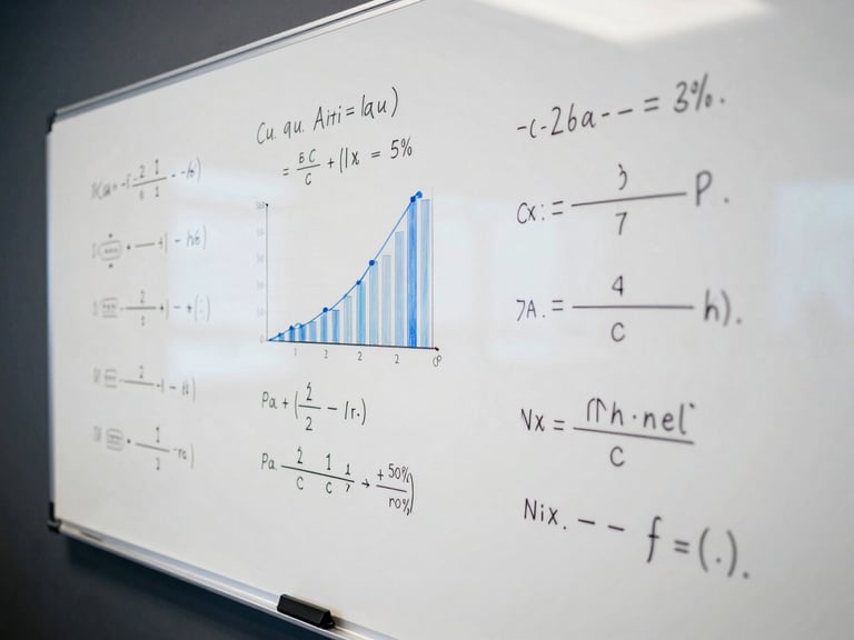 Close-up of a clean whiteboard covered in mathematical formulas and sales performance charts under cool office daylight