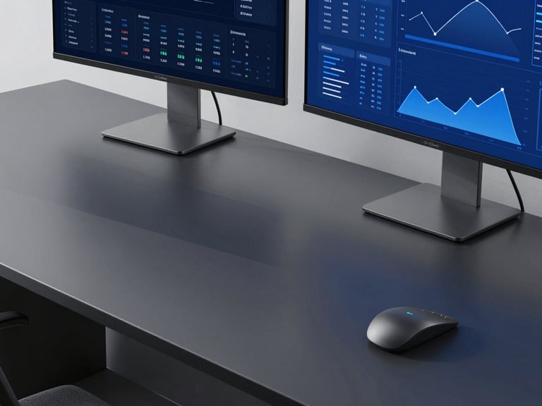 High-end corporate desk setup with abstract geometric shadows and clean digital analytics displays