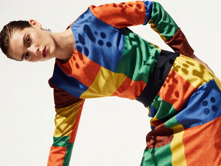 Vibrant editorial photography of a model in a dynamic pose wearing a clashing patterned garment, bright direct midday sunlight casting sharp playful shadows, highly saturated colors, 35mm