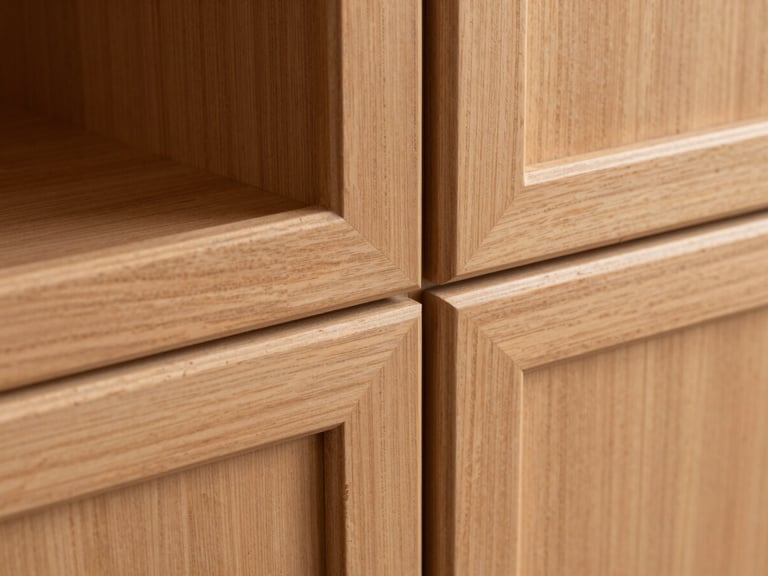 Macro detail shot of a solid maple cabinet door corner, showing precise mortise-and-tenon joinery, smooth matte paint finish, and crisp architectural shadow.
