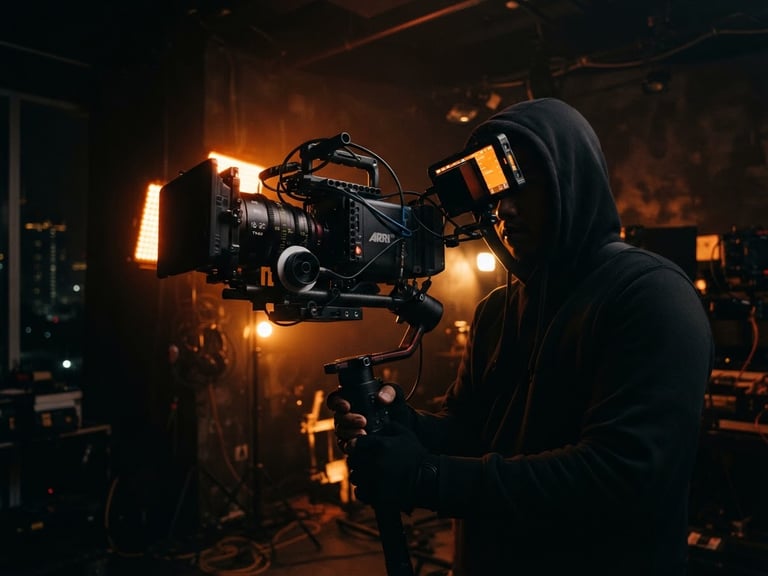 Dynamic low-angle shot of a high-end cinema camera on a motorized gimbal inside a dark Jakarta studio, warm orange backlights casting a sharp silhouette, 35mm cinematic style.
