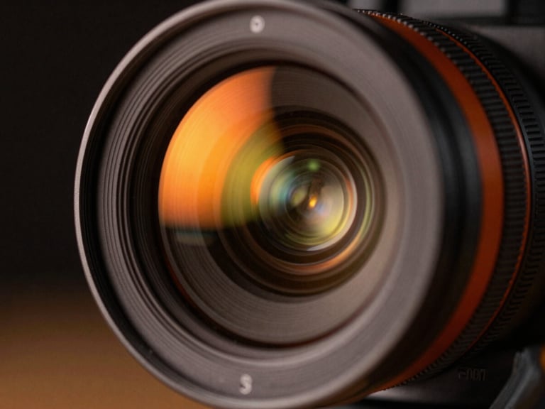 Macro close-up of a high-end cinema camera lens focusing, glowing orange and yellow neon reflections on the glass, dark studio background, cinematic depth of field